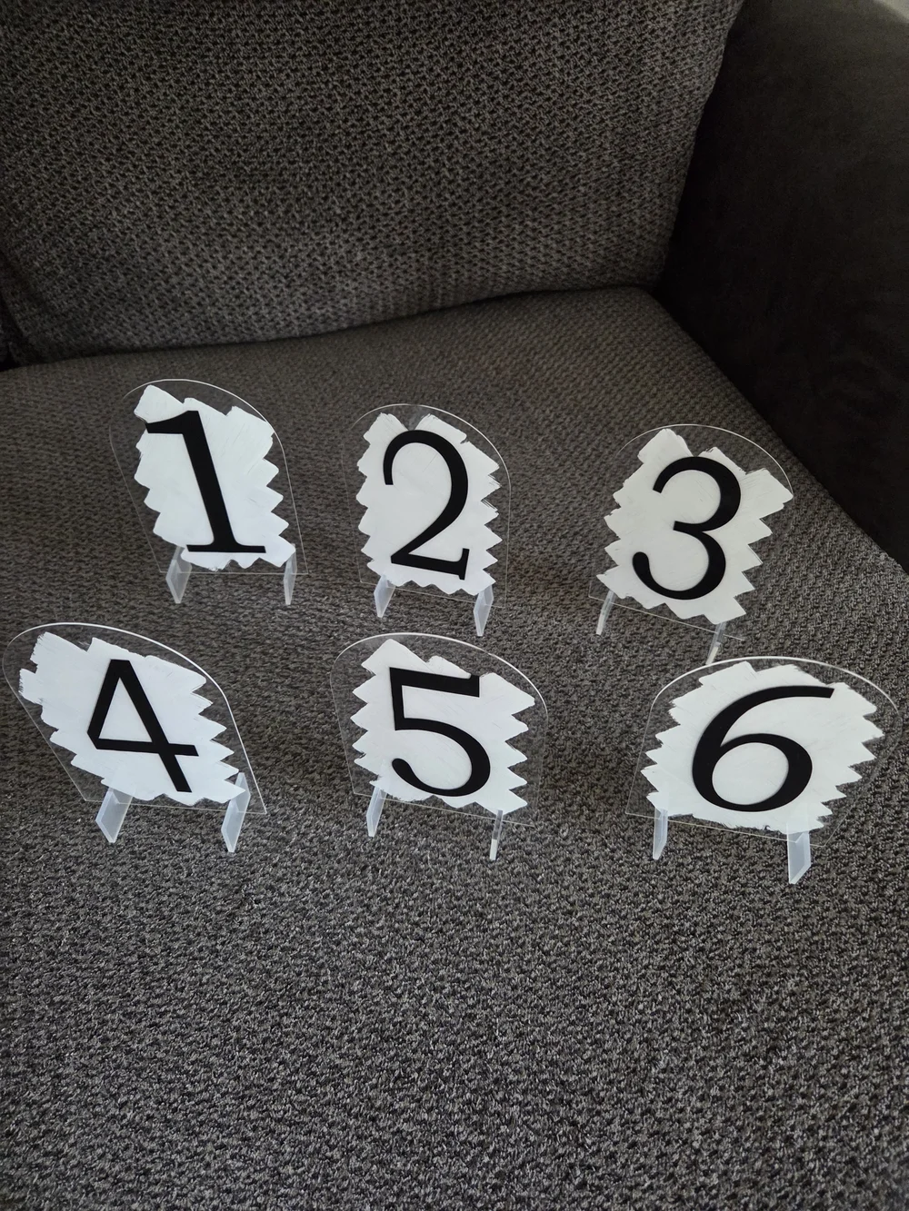 Handmade Acrylic Table Numbers Set 1-6 White with Black Numerals